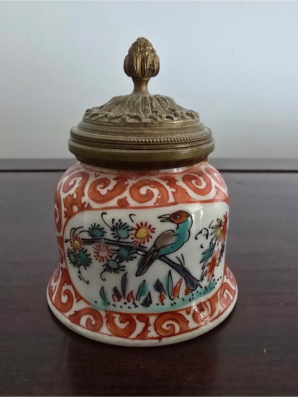 Vintage Hand-Painted Porcelain Lidded Trinket Jar with Ornate Metal Finial